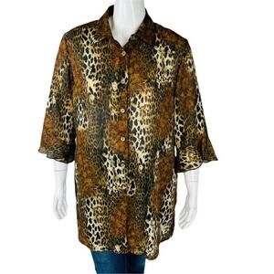 Lamadei Womans Sz 2X Plus Blouse Animal Print 3/4 Sleeve Button Front Brown